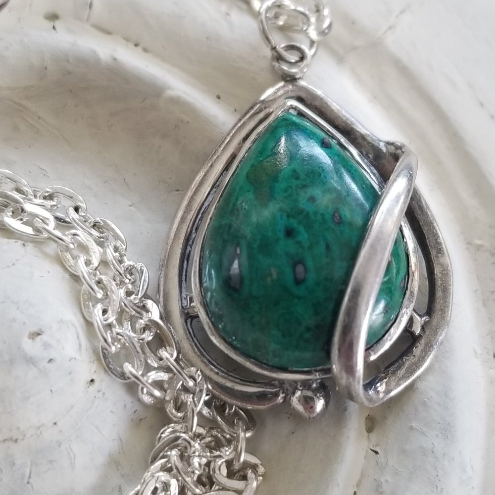 Teal Green Blue Agate Teardrop Gemstone & Sterling Necklace